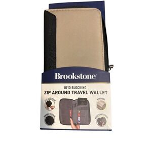 Brookstone RFID Blocking Zip Around Travel Wallet Black Tan Passport Organizer